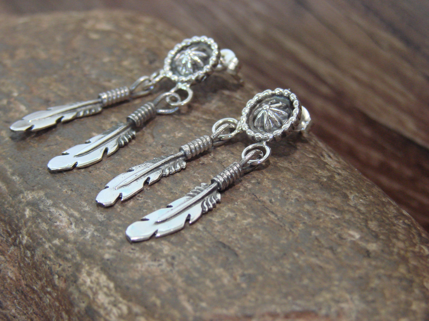 Native American Sterling Silver Star Drop Feather Post Dangle Earrings by Largo