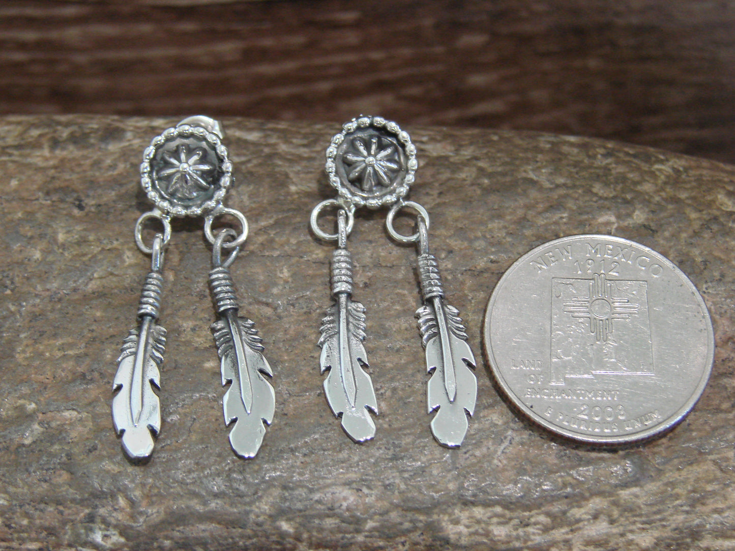Native American Sterling Silver Star Drop Feather Post Dangle Earrings by Largo