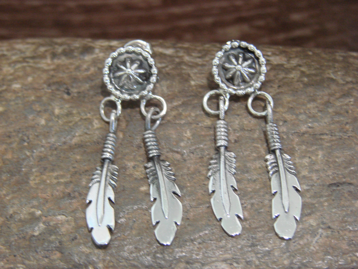 Native American Sterling Silver Star Drop Feather Post Dangle Earrings by Largo