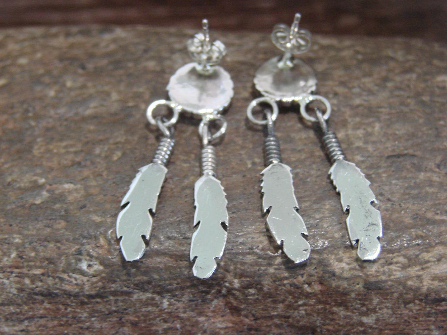 Native American Sterling Silver Star Drop Feather Post Dangle Earrings by Largo