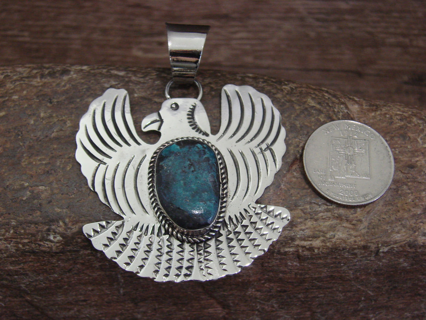 Native American Nickel Silver & Turquoise Eagle Pendant - Cleveland