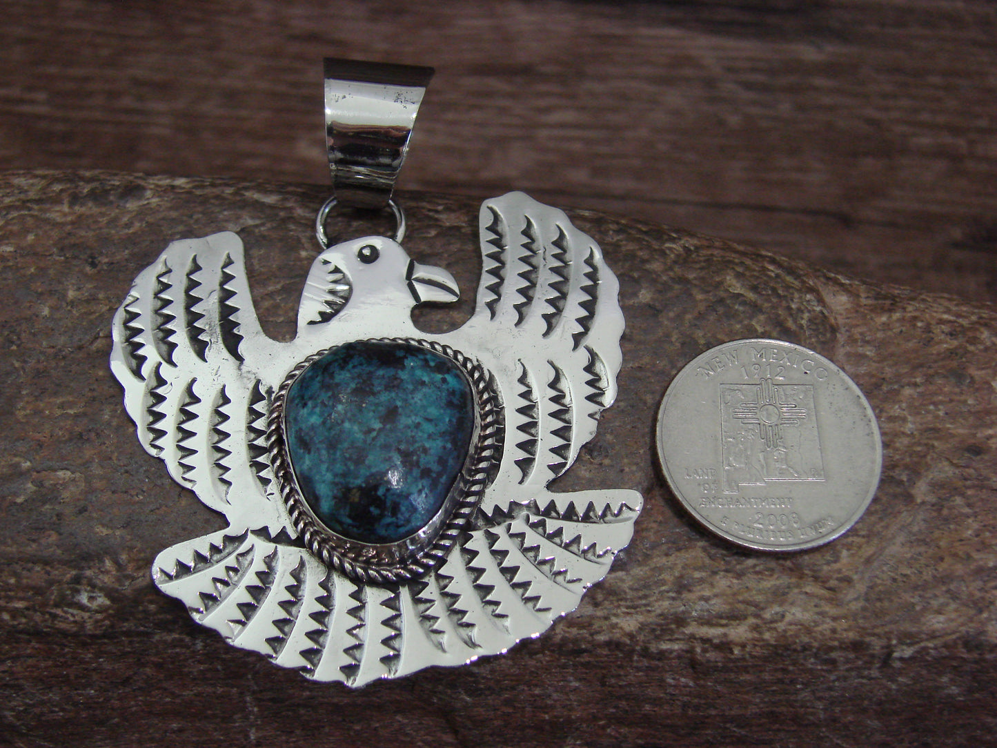 Native American Nickel Silver & Turquoise Eagle Pendant - Cleveland