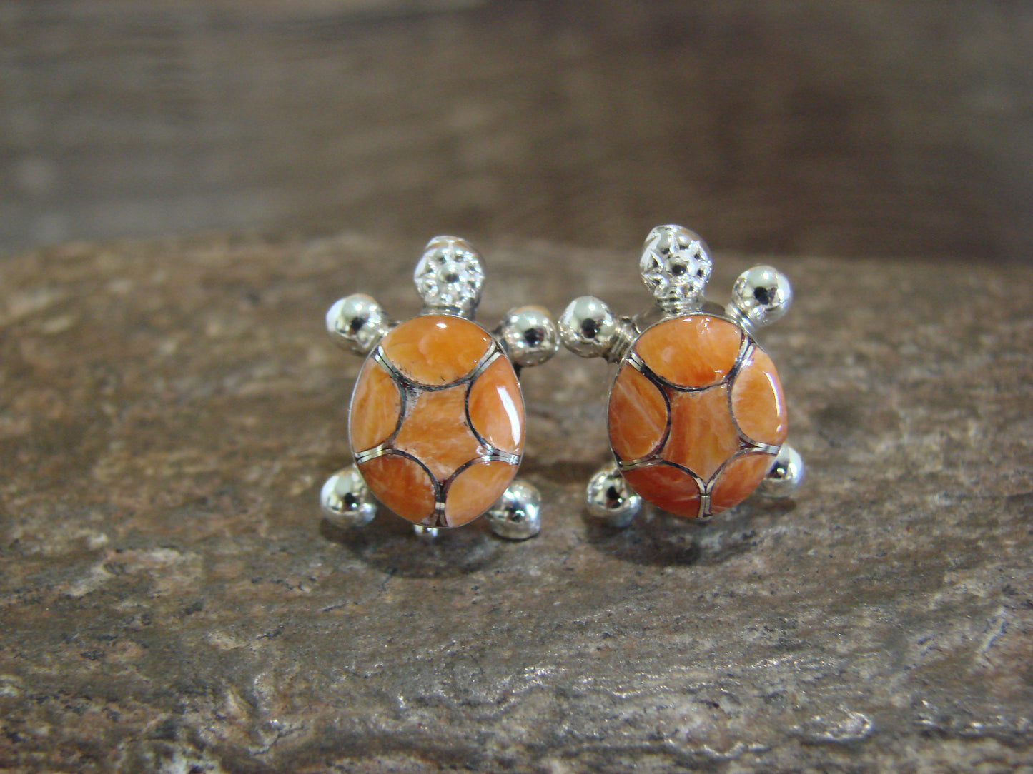 Native American Sterling Silver Spiny Oyster Turtle Inlay Post Earrings by Peynetsa