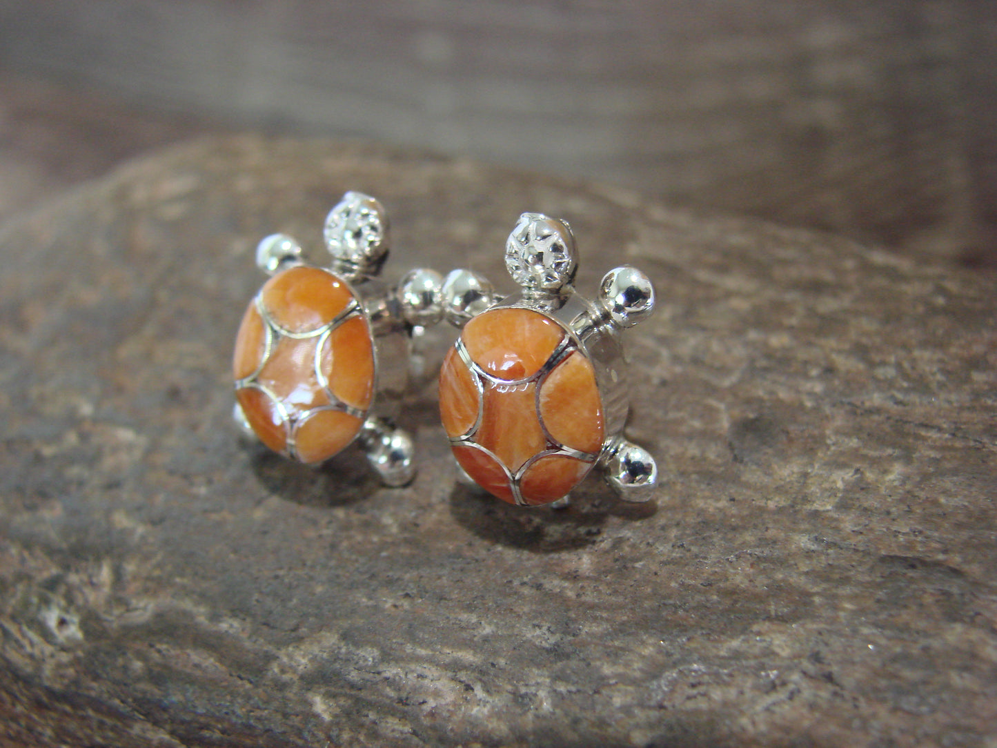 Native American Sterling Silver Spiny Oyster Turtle Inlay Post Earrings by Peynetsa