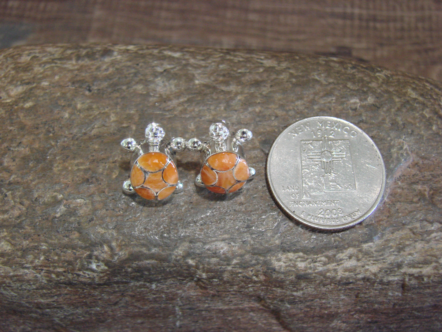 Native American Sterling Silver Spiny Oyster Turtle Inlay Post Earrings by Peynetsa