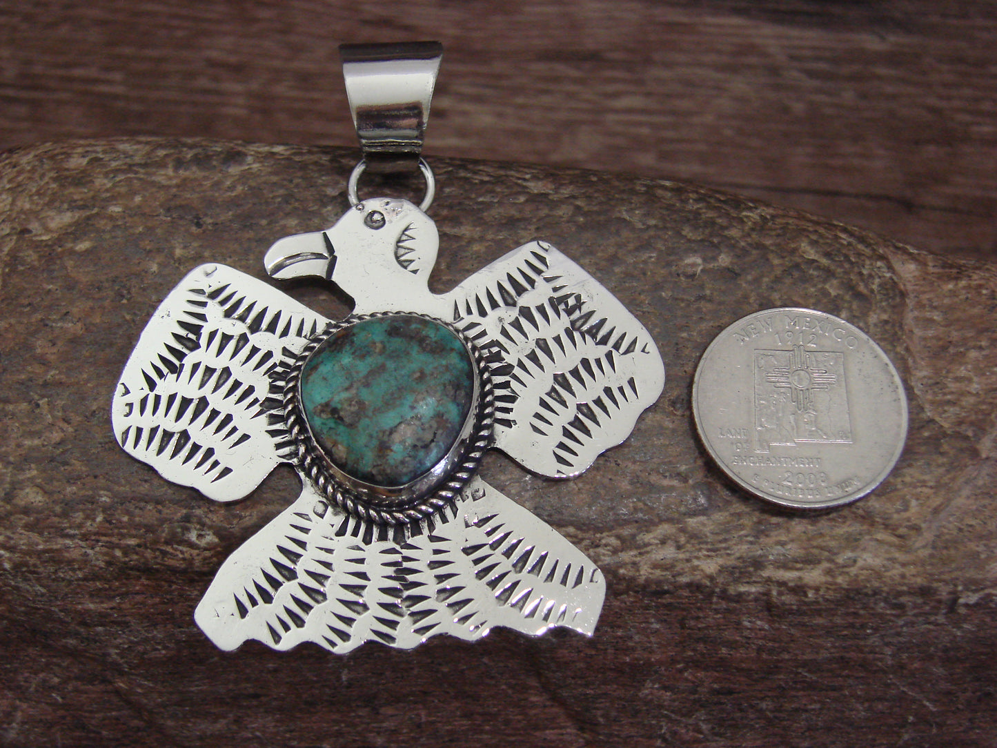 Native American Nickel Silver & Turquoise Thunderbird Pendant - Cleveland