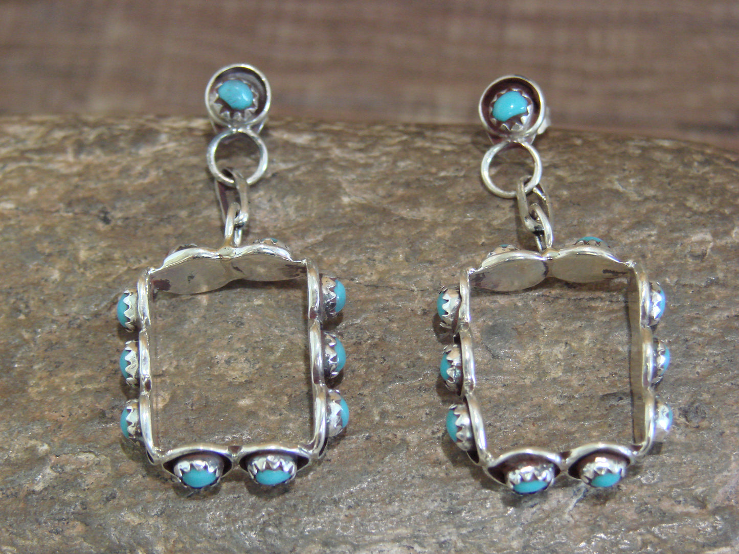 Native American Indian Sterling Silver & Turquoise Post Dangle Earrings - Lonasee