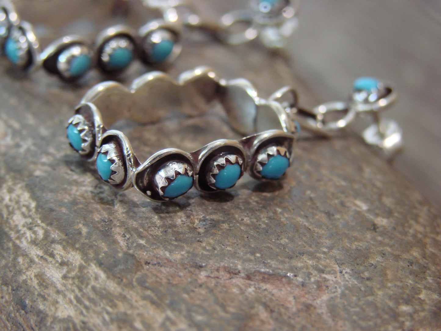 Native American Indian Sterling Silver & Turquoise Post Dangle Earrings - Lonasee