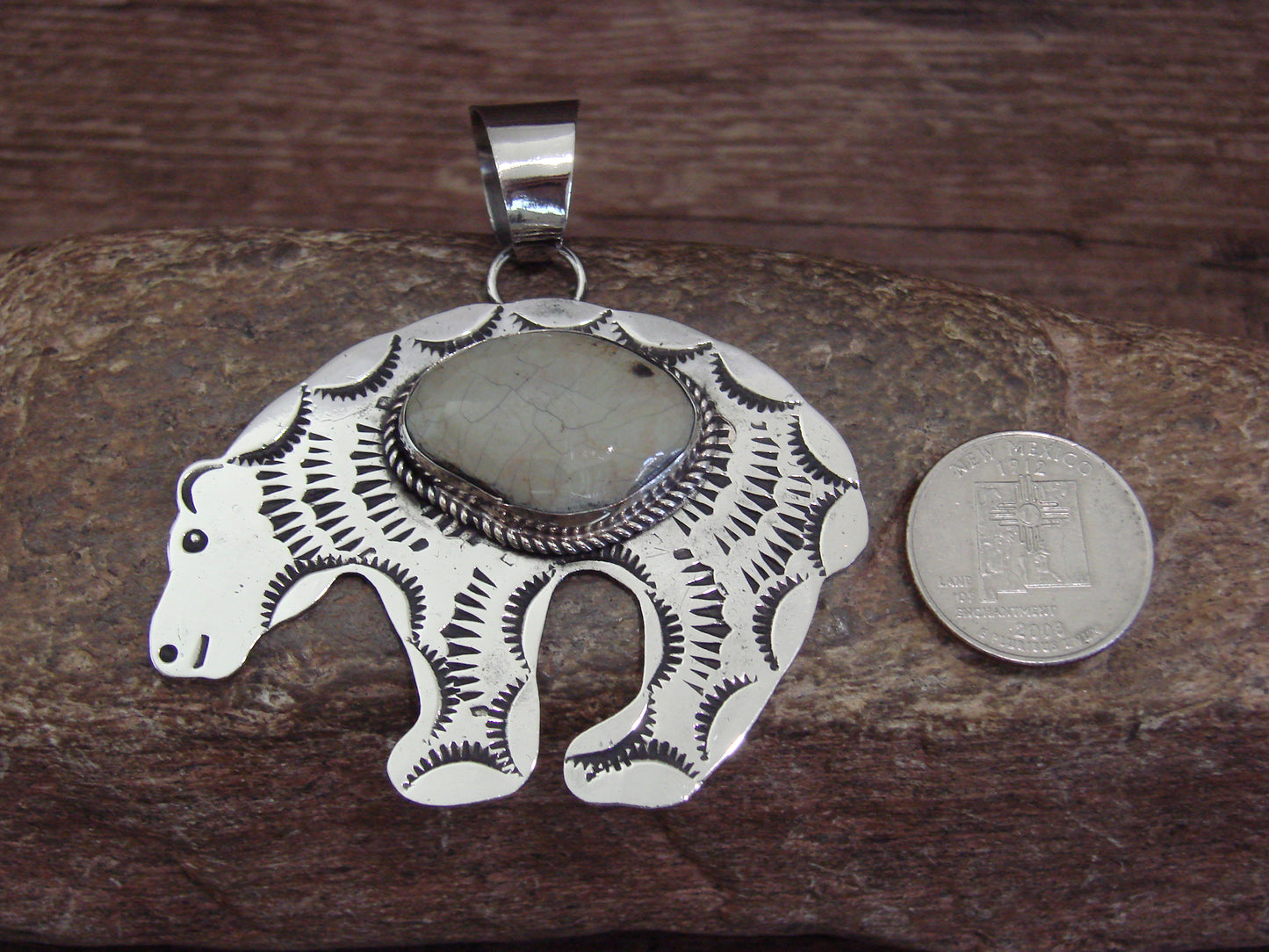 Native American Nickel Silver & Turquoise Bear Pendant - Cleveland