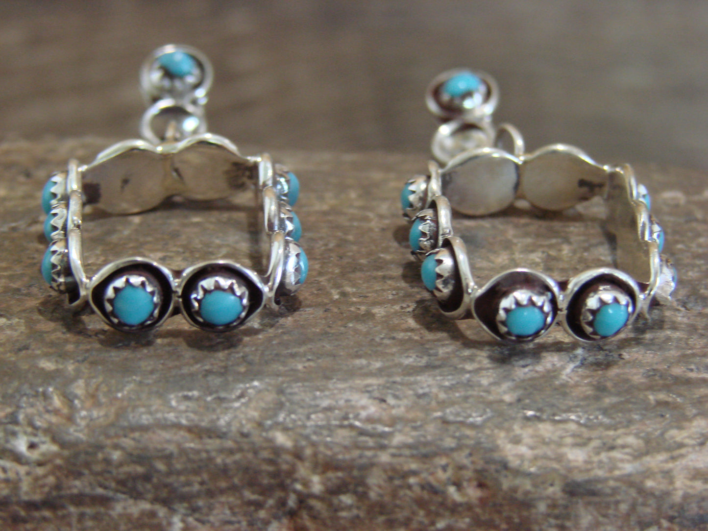 Native American Indian Sterling Silver & Turquoise Post Dangle Earrings - Lonasee