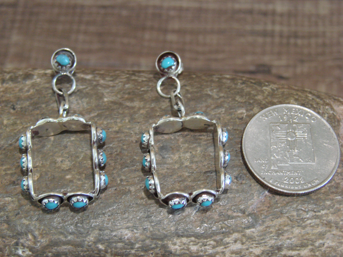 Native American Indian Sterling Silver & Turquoise Post Dangle Earrings - Lonasee