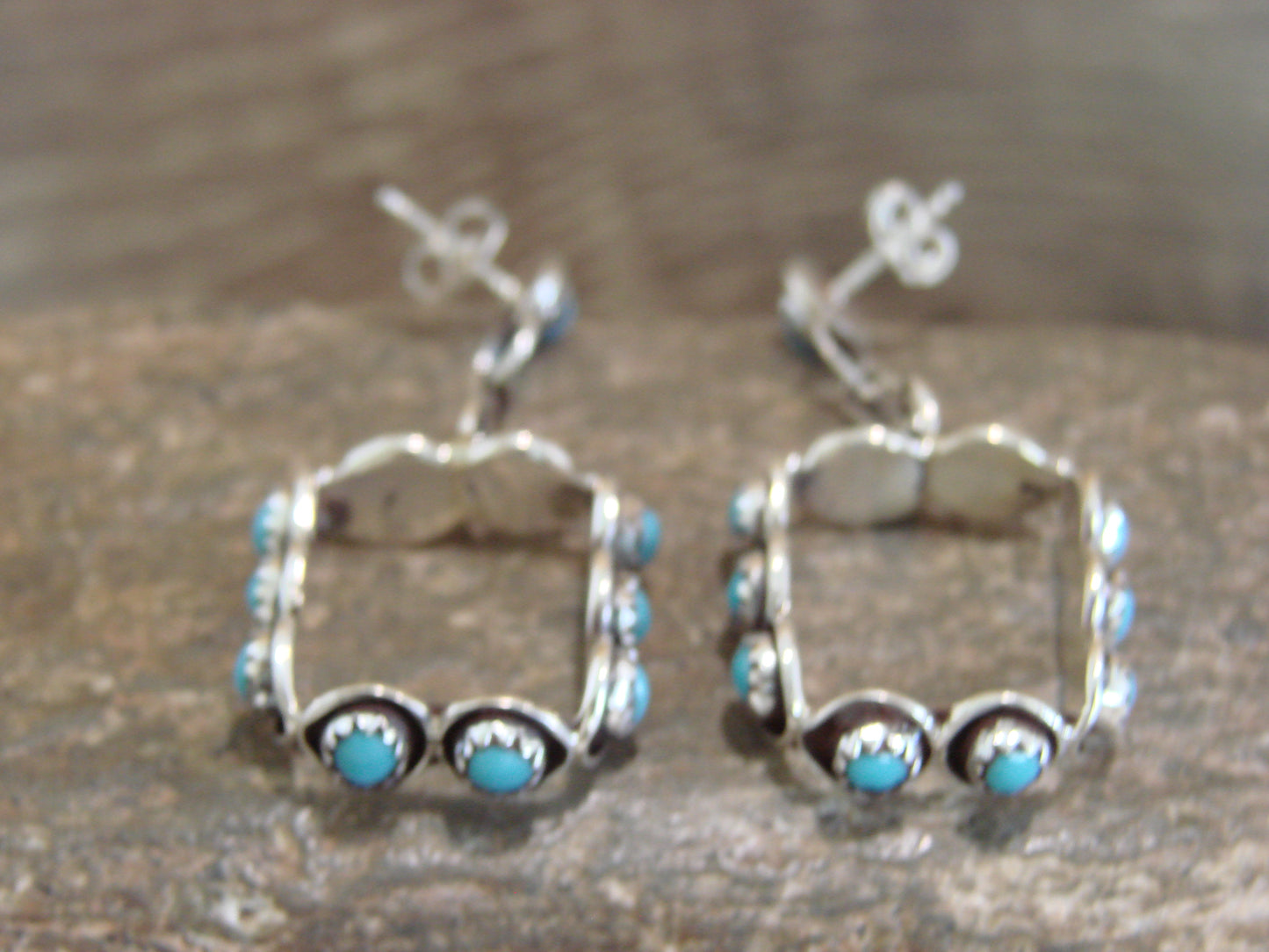Native American Indian Sterling Silver & Turquoise Post Dangle Earrings - Lonasee