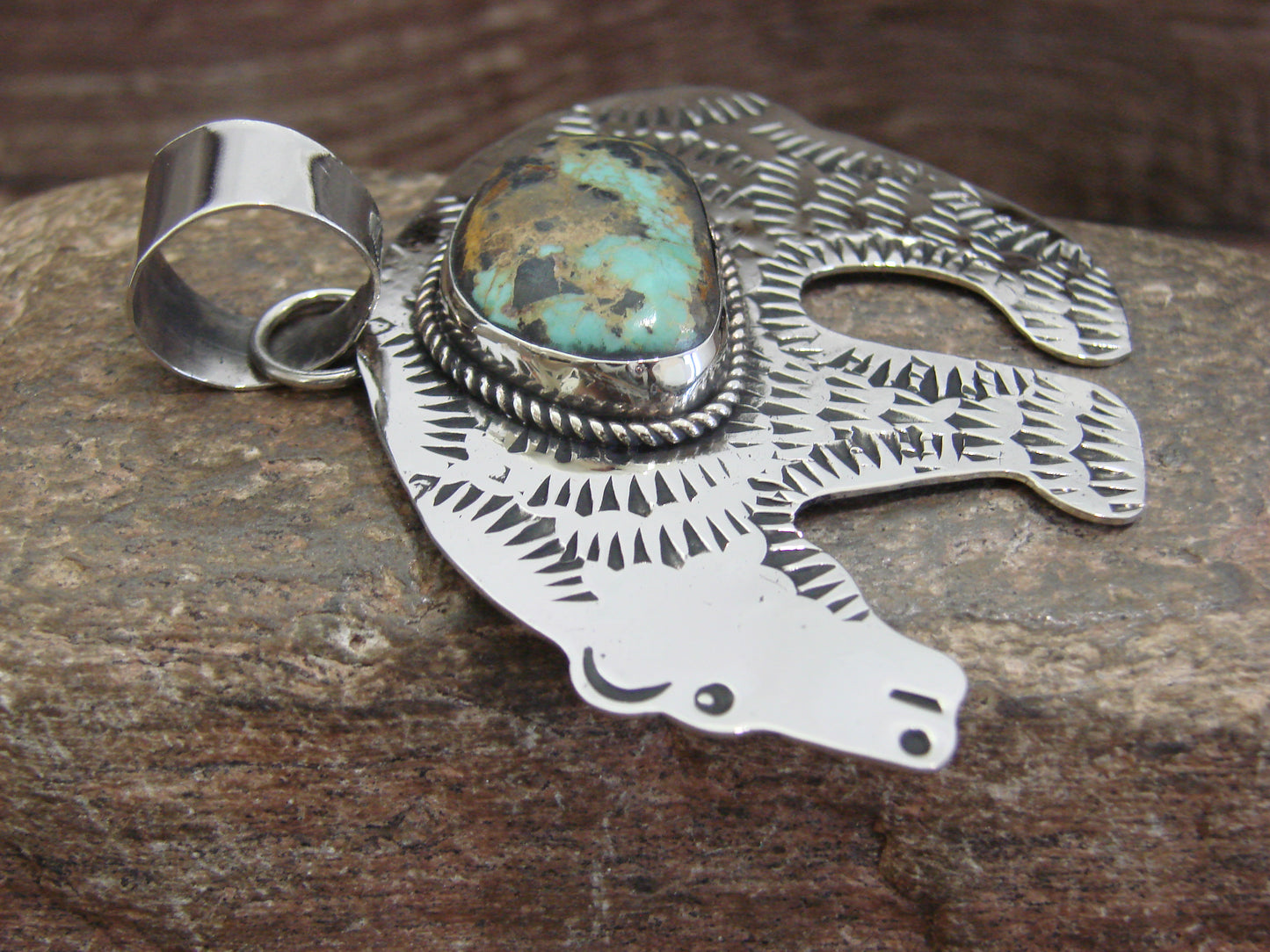 Native American Nickel Silver & Turquoise Bear Pendant - Cleveland