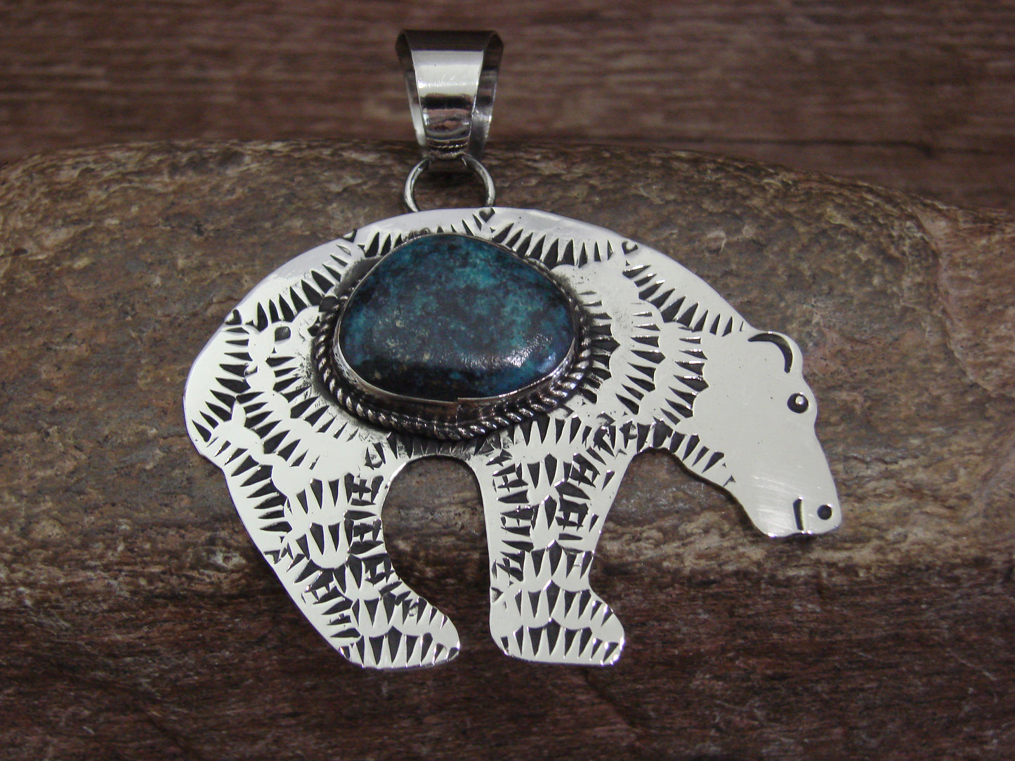 Native American Nickel Silver & Turquoise Bear Pendant - Cleveland
