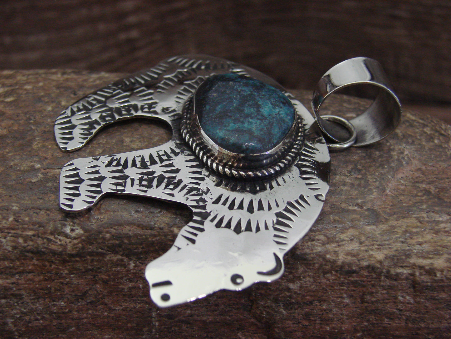 Native American Nickel Silver & Turquoise Bear Pendant - Cleveland