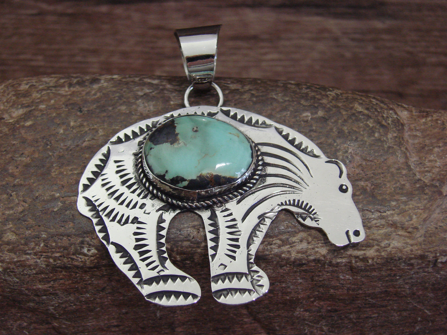Native American Nickel Silver & Turquoise Bear Pendant - Cleveland
