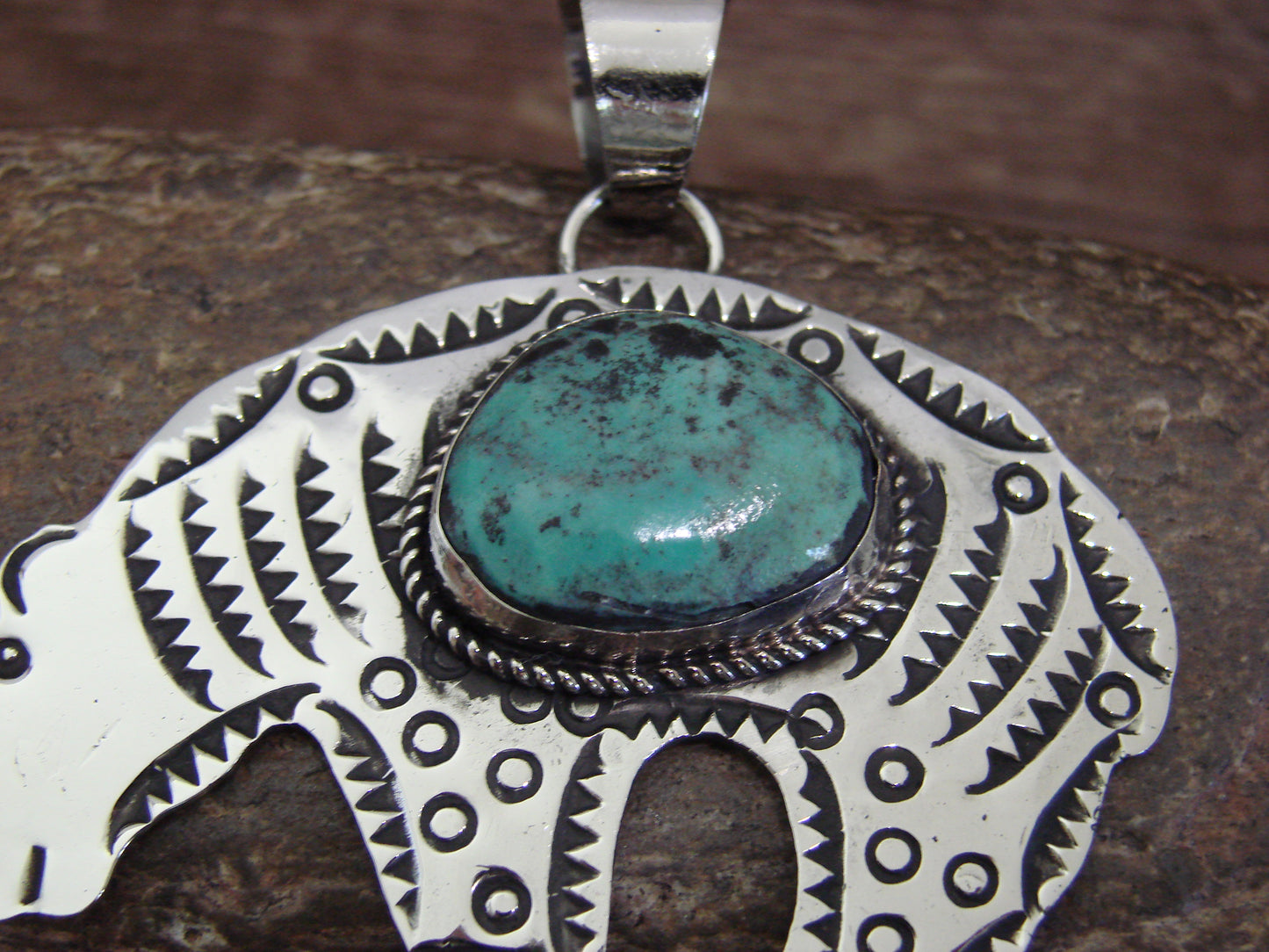 Native American Nickel Silver & Turquoise Bear Pendant - Cleveland