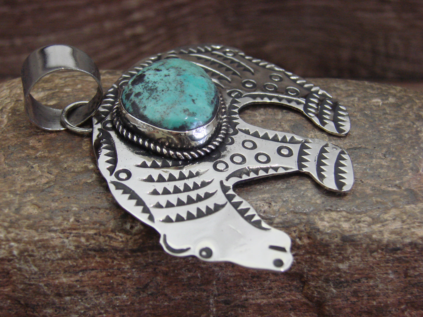 Native American Nickel Silver & Turquoise Bear Pendant - Cleveland