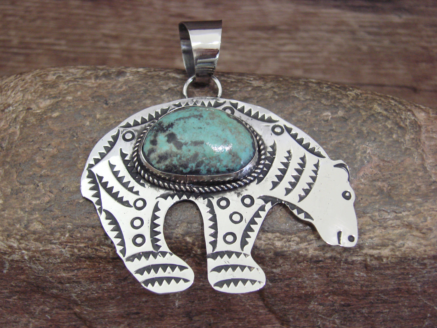 Native American Nickel Silver & Turquoise Bear Pendant - Cleveland