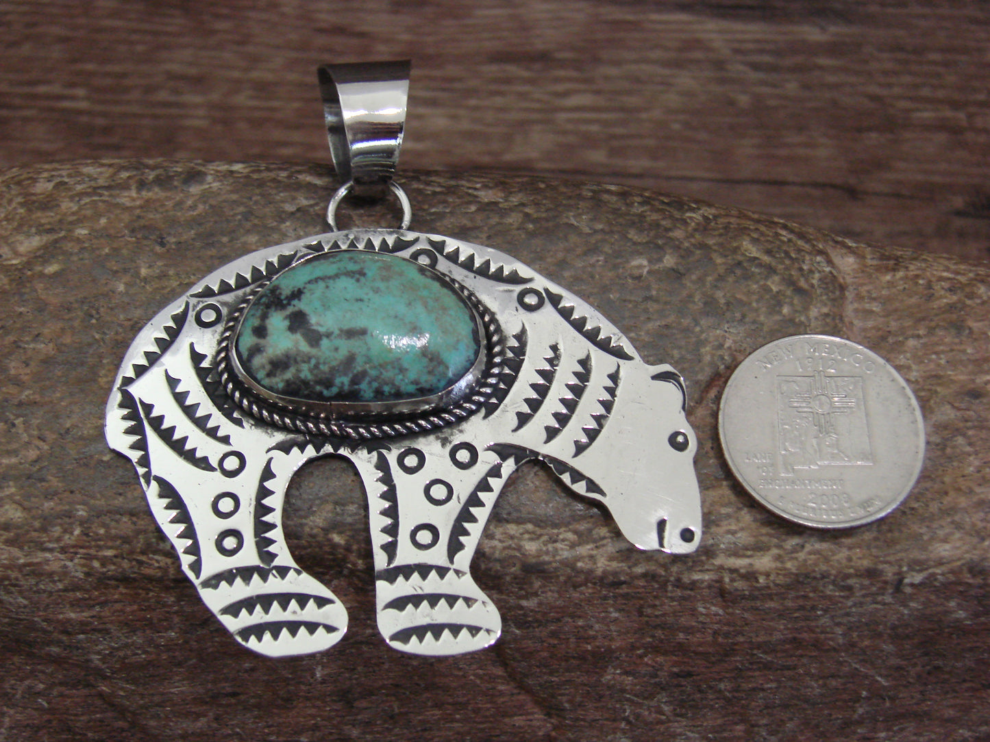 Native American Nickel Silver & Turquoise Bear Pendant - Cleveland