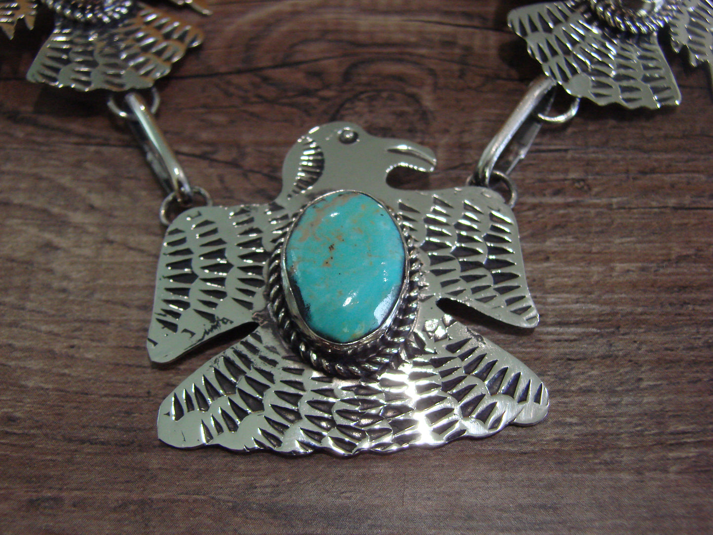 Native American Nickel Silver & Turquoise Bird Link Necklace by Cleveland