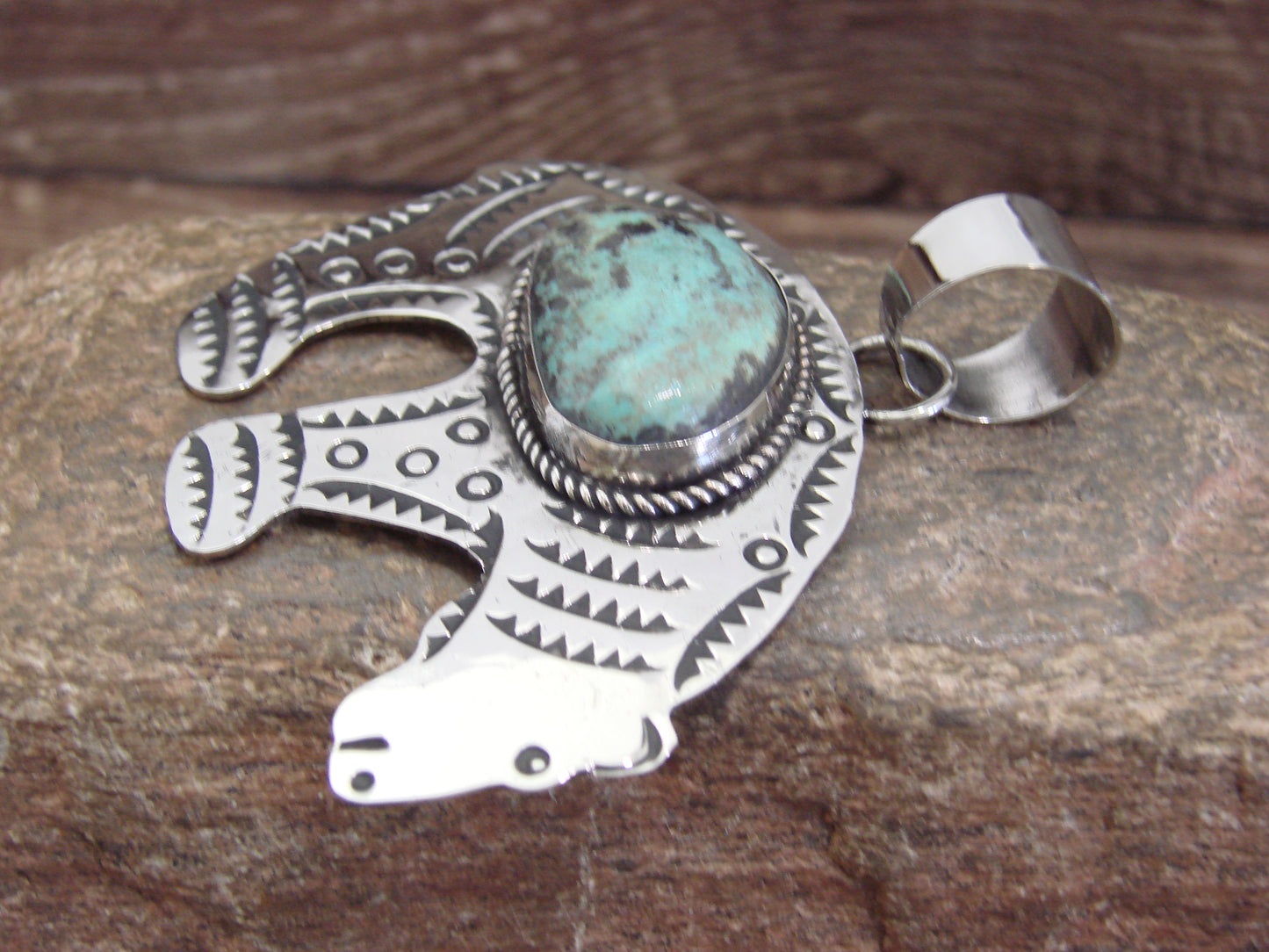 Native American Nickel Silver & Turquoise Bear Pendant - Cleveland