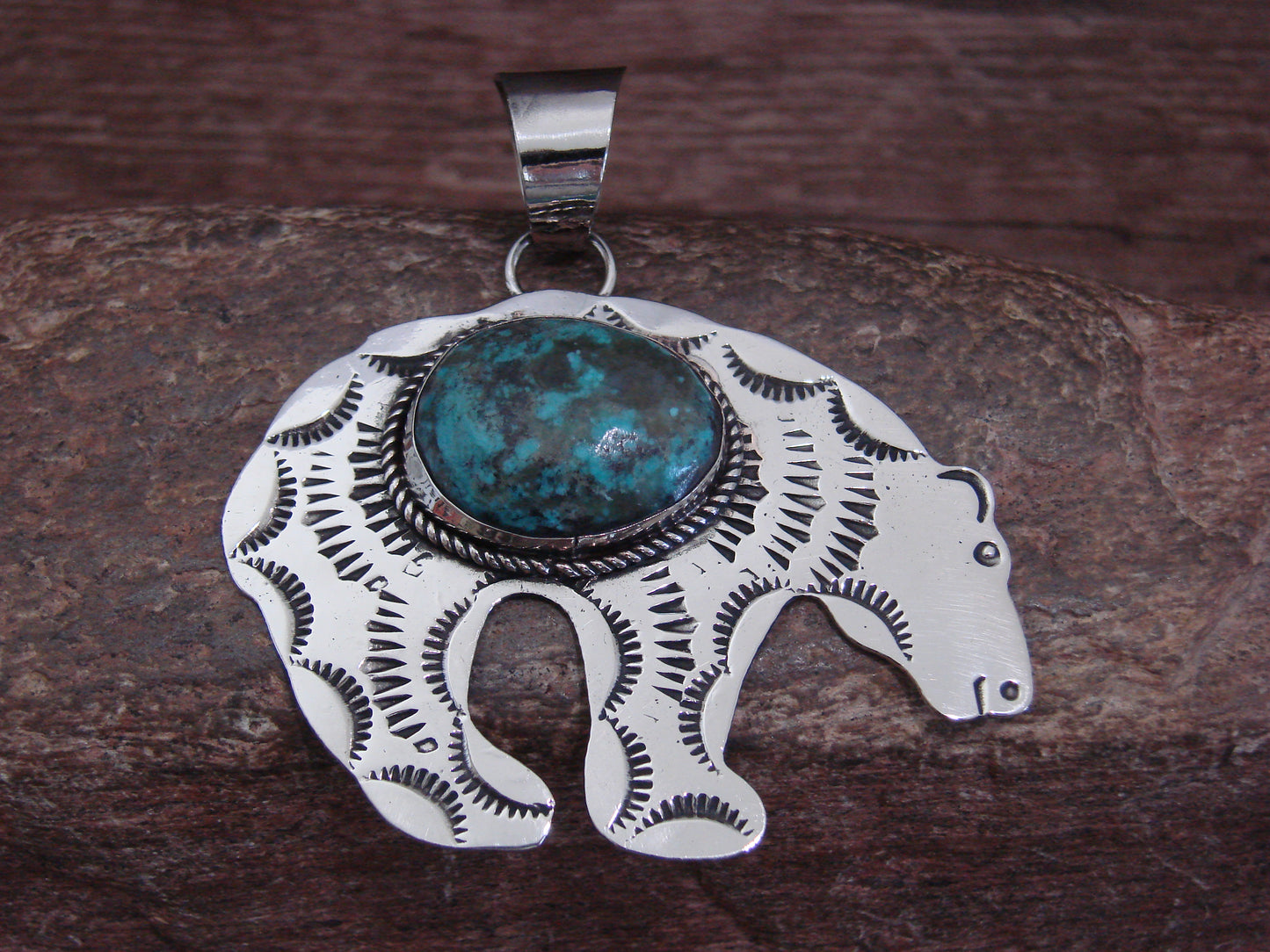 Native American Nickel Silver & Turquoise Bear Pendant - Cleveland