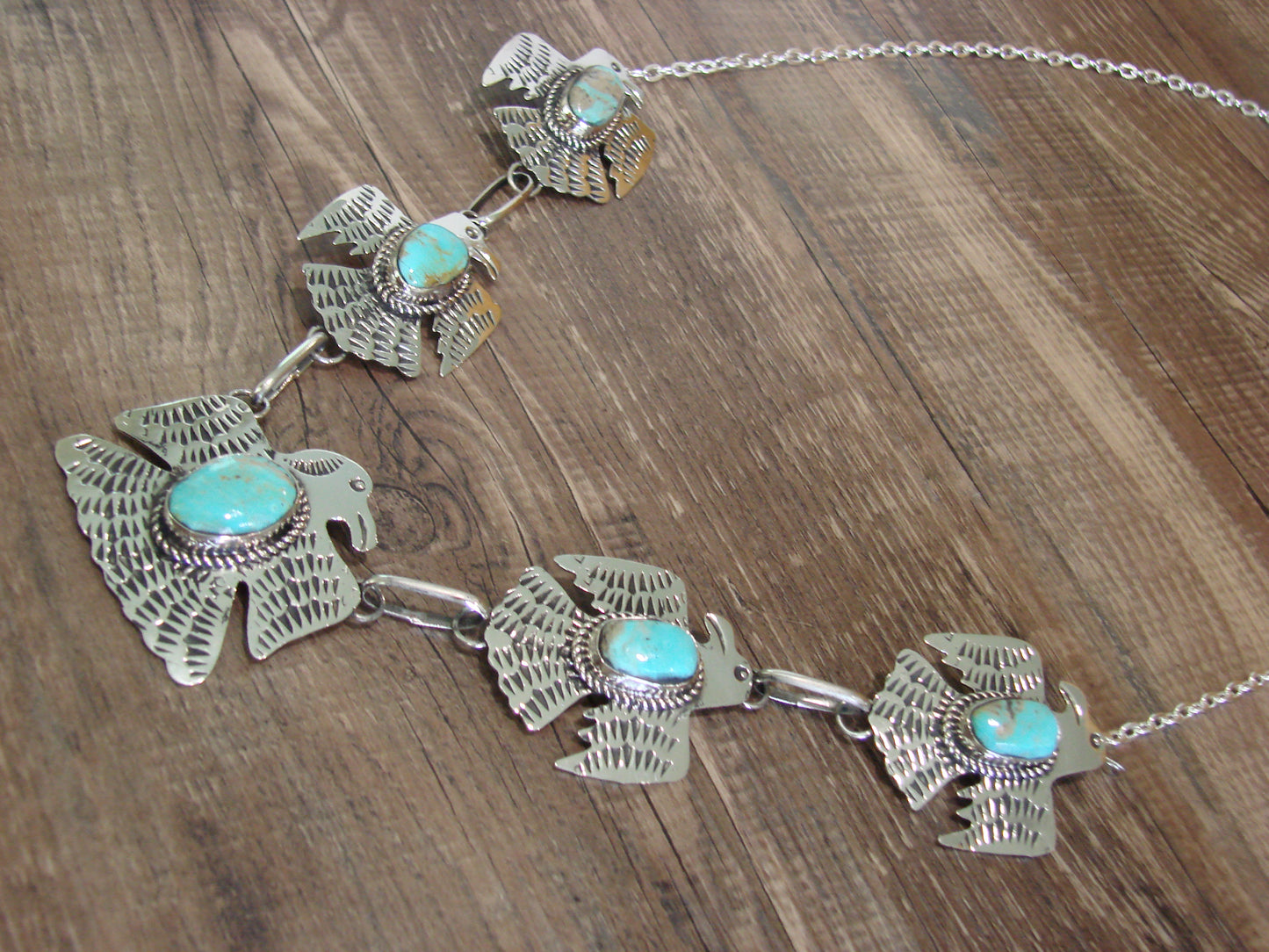 Native American Nickel Silver & Turquoise Bird Link Necklace by Cleveland