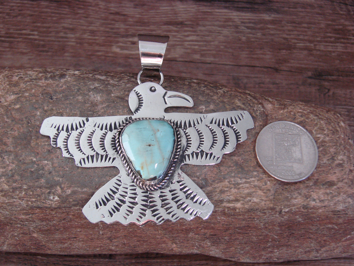Native American Nickel Silver & Turquoise Eagle Pendant - Cleveland