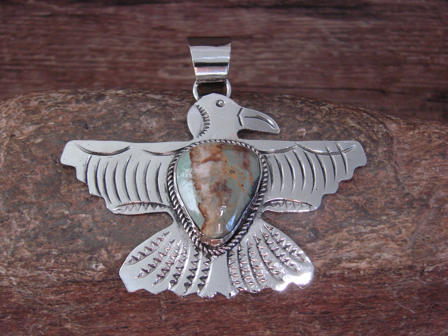 Native American Nickel Silver & Turquoise Eagle Pendant - Cleveland