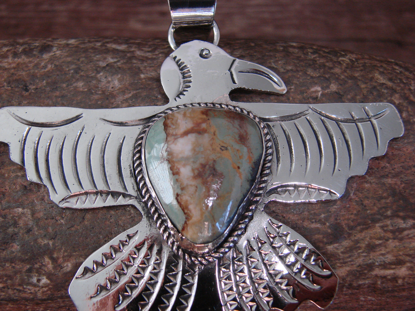 Native American Nickel Silver & Turquoise Eagle Pendant - Cleveland