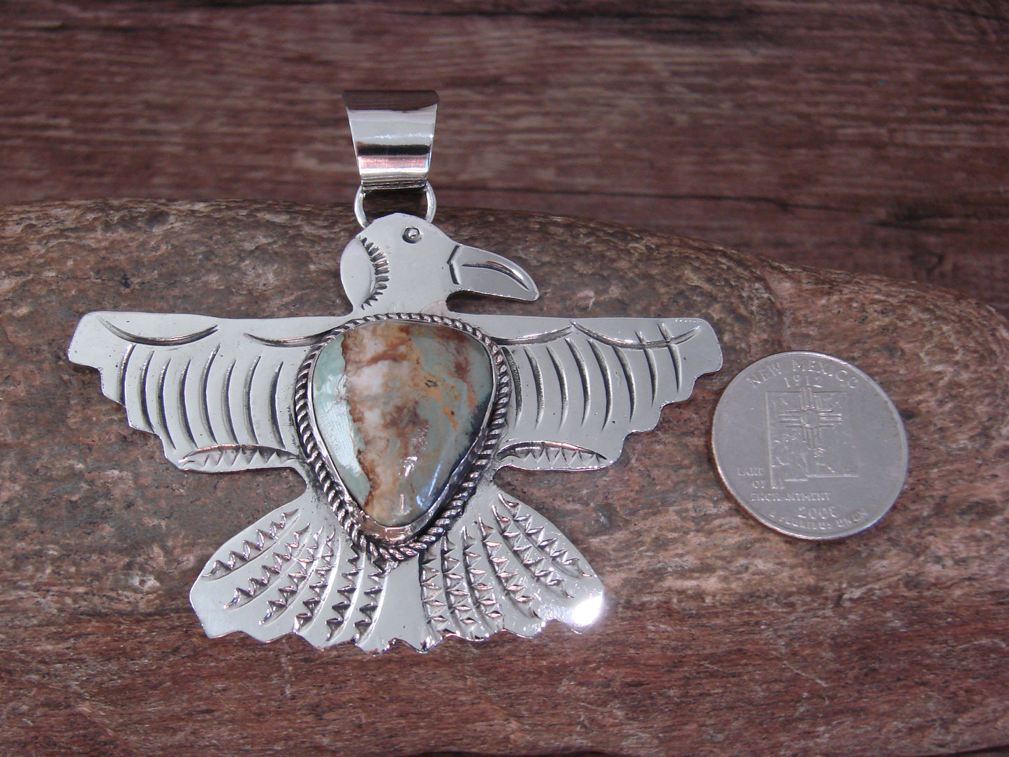 Native American Nickel Silver & Turquoise Eagle Pendant - Cleveland
