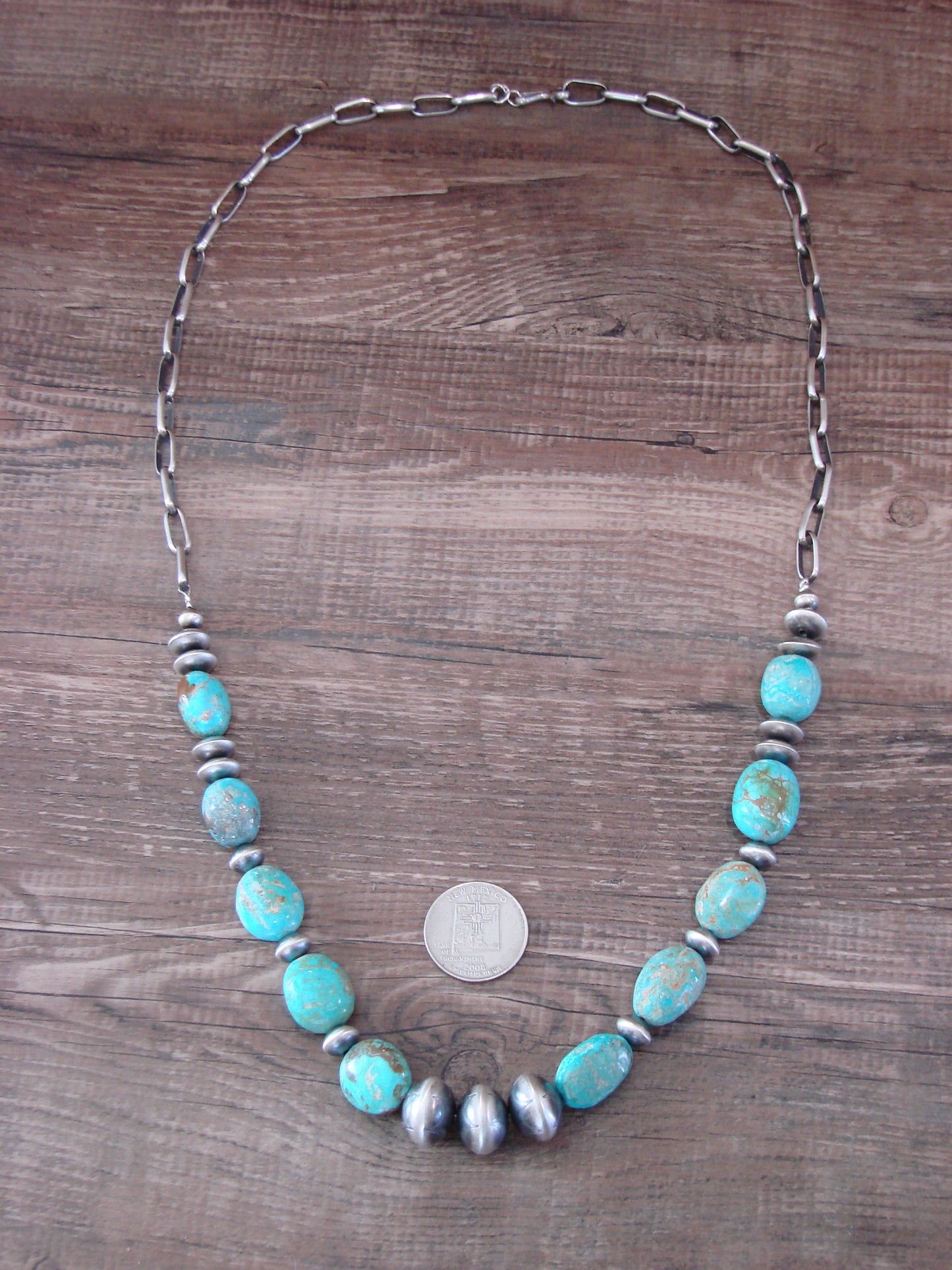 Native American Sterling Silver Turquoise & Navajo Pearl 28" Necklace by John