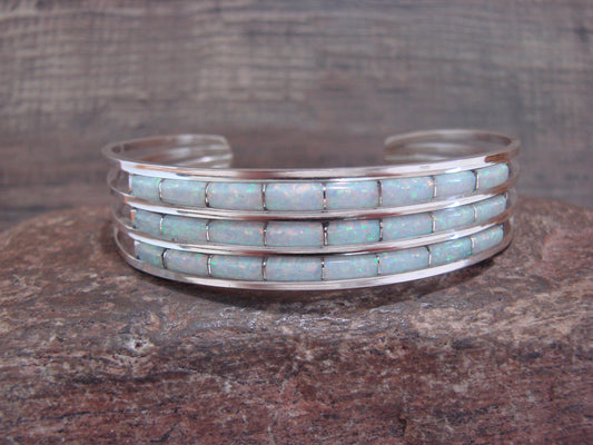 Native American Sterling Silver & Opal Inlay Row Cuff Bracelet - Wallace