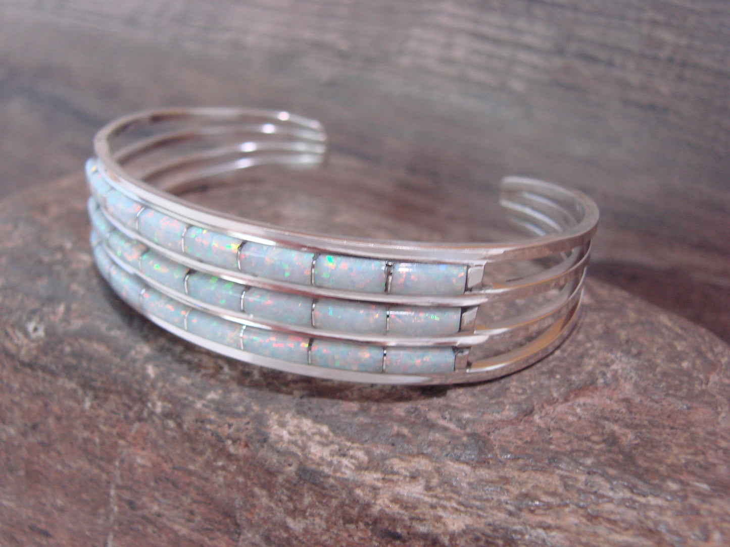 Native American Sterling Silver & Opal Inlay Row Cuff Bracelet - Wallace