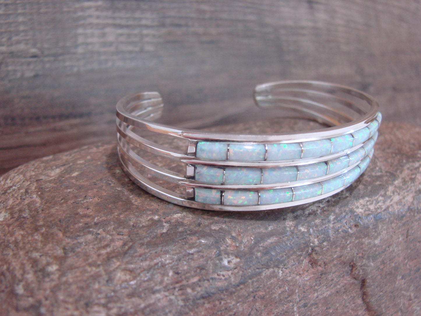 Native American Sterling Silver & Opal Inlay Row Cuff Bracelet - Wallace