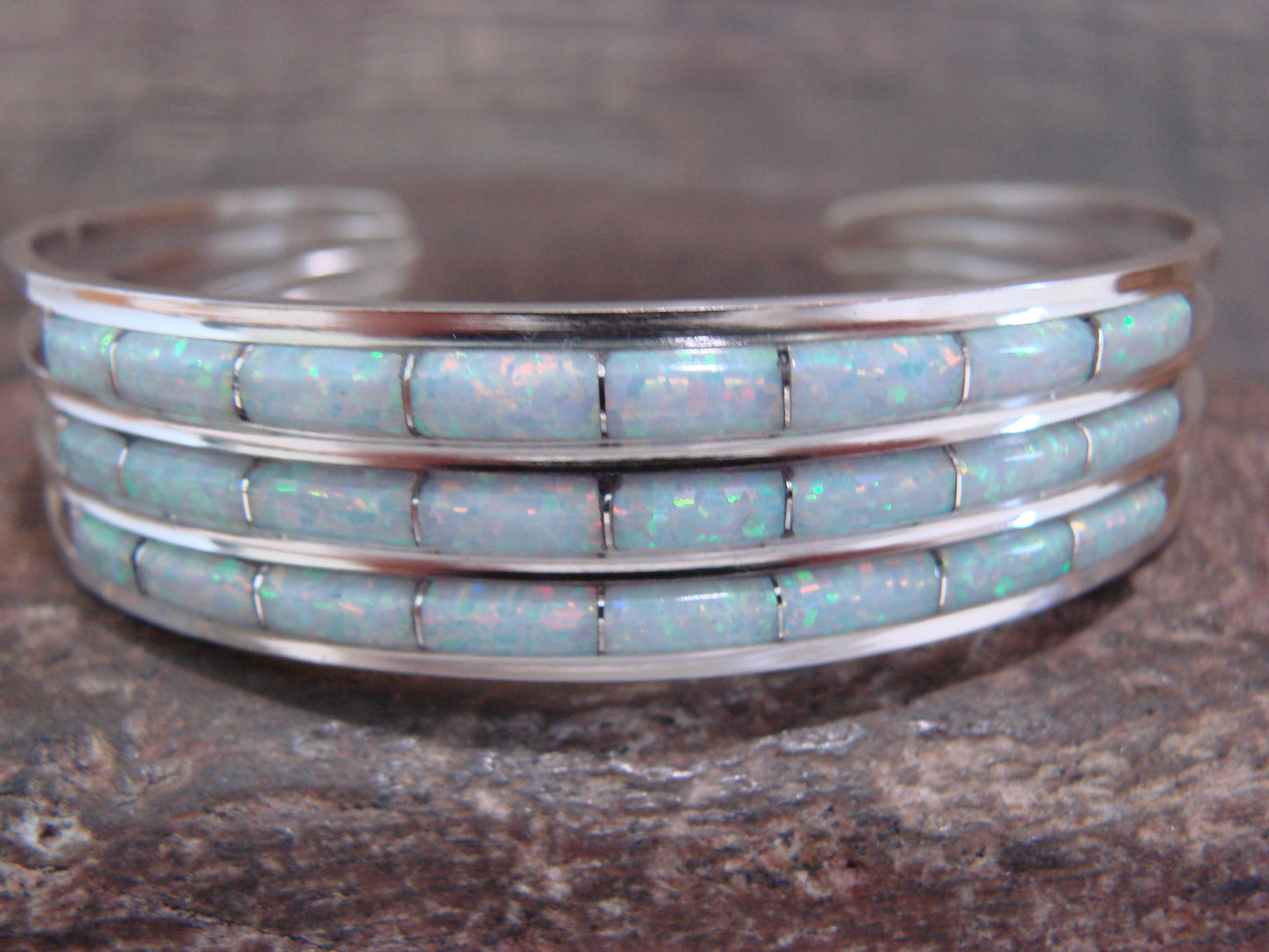 Native American Sterling Silver & Opal Inlay Row Cuff Bracelet - Wallace