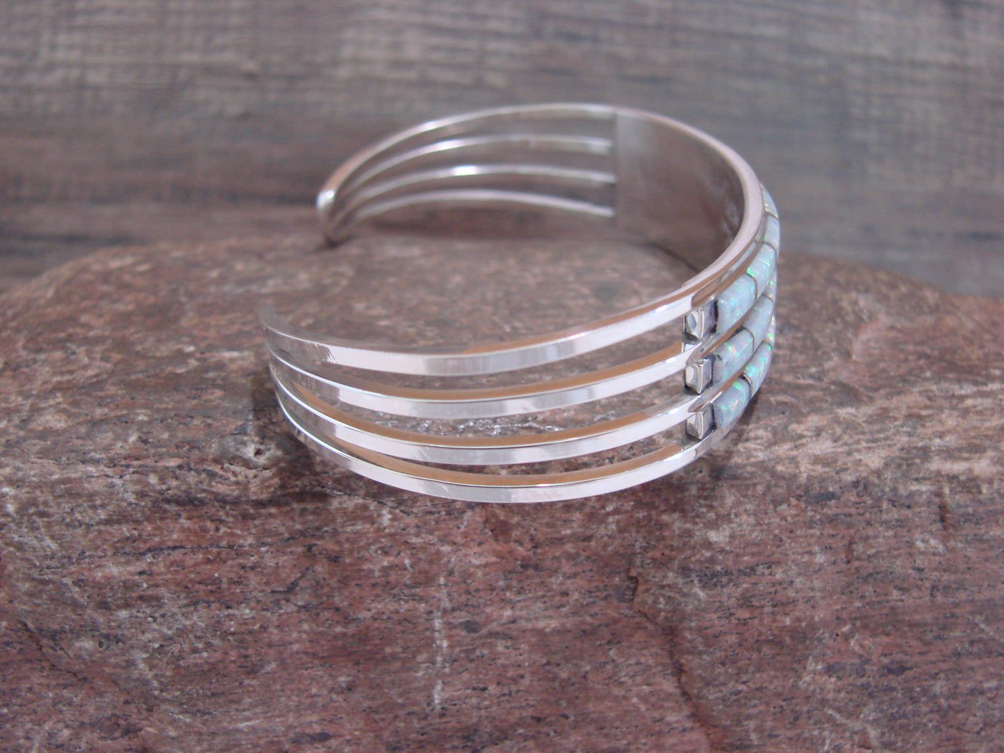 Native American Sterling Silver & Opal Inlay Row Cuff Bracelet - Wallace