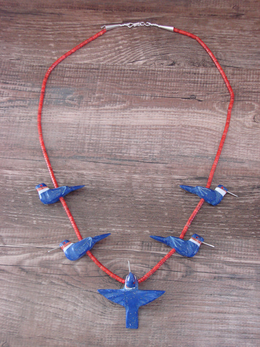 Hand Carved Lapis & Coral Hummingbird Fetish Necklace by Mitchell