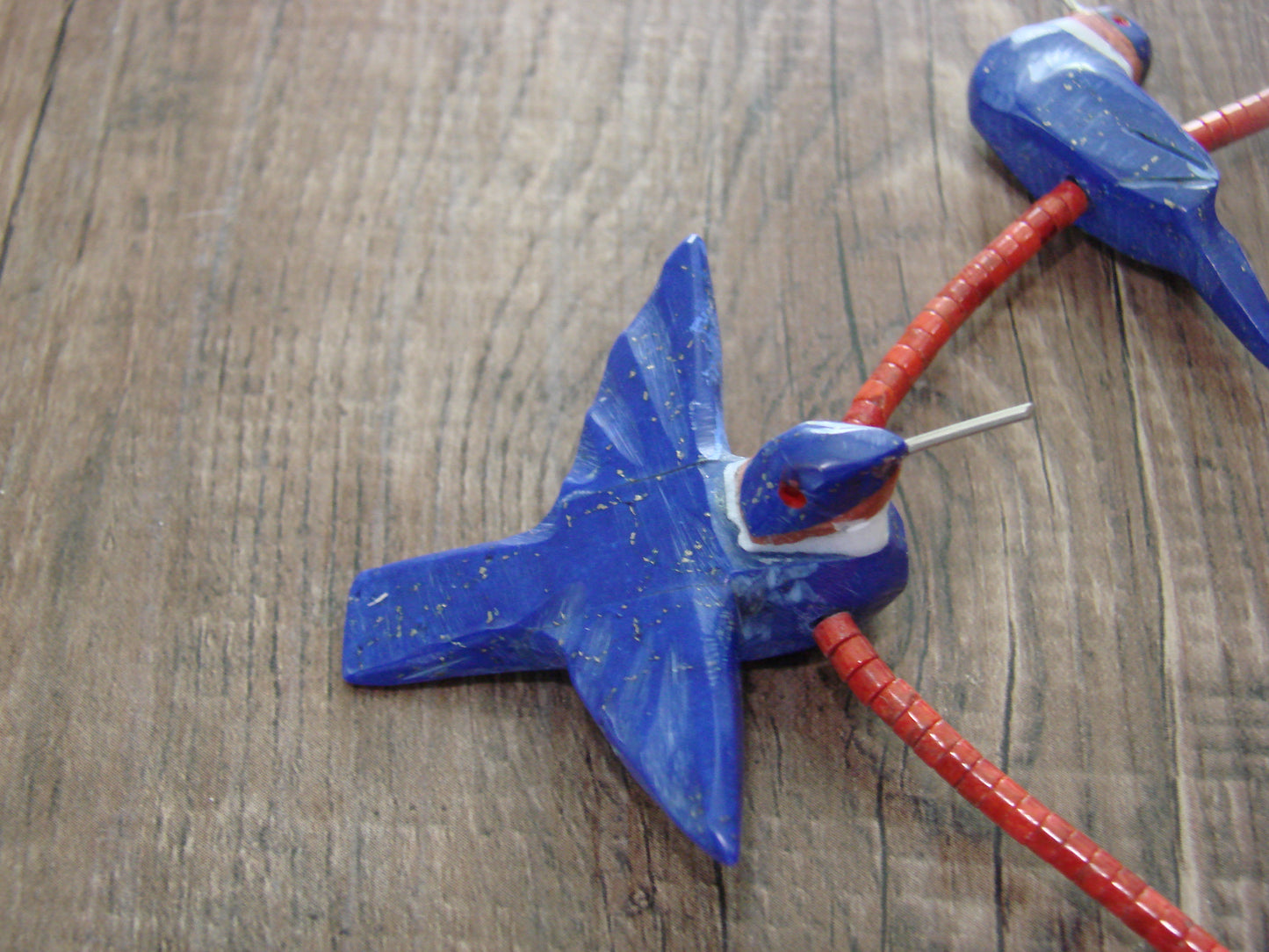 Hand Carved Lapis & Coral Hummingbird Fetish Necklace by Mitchell