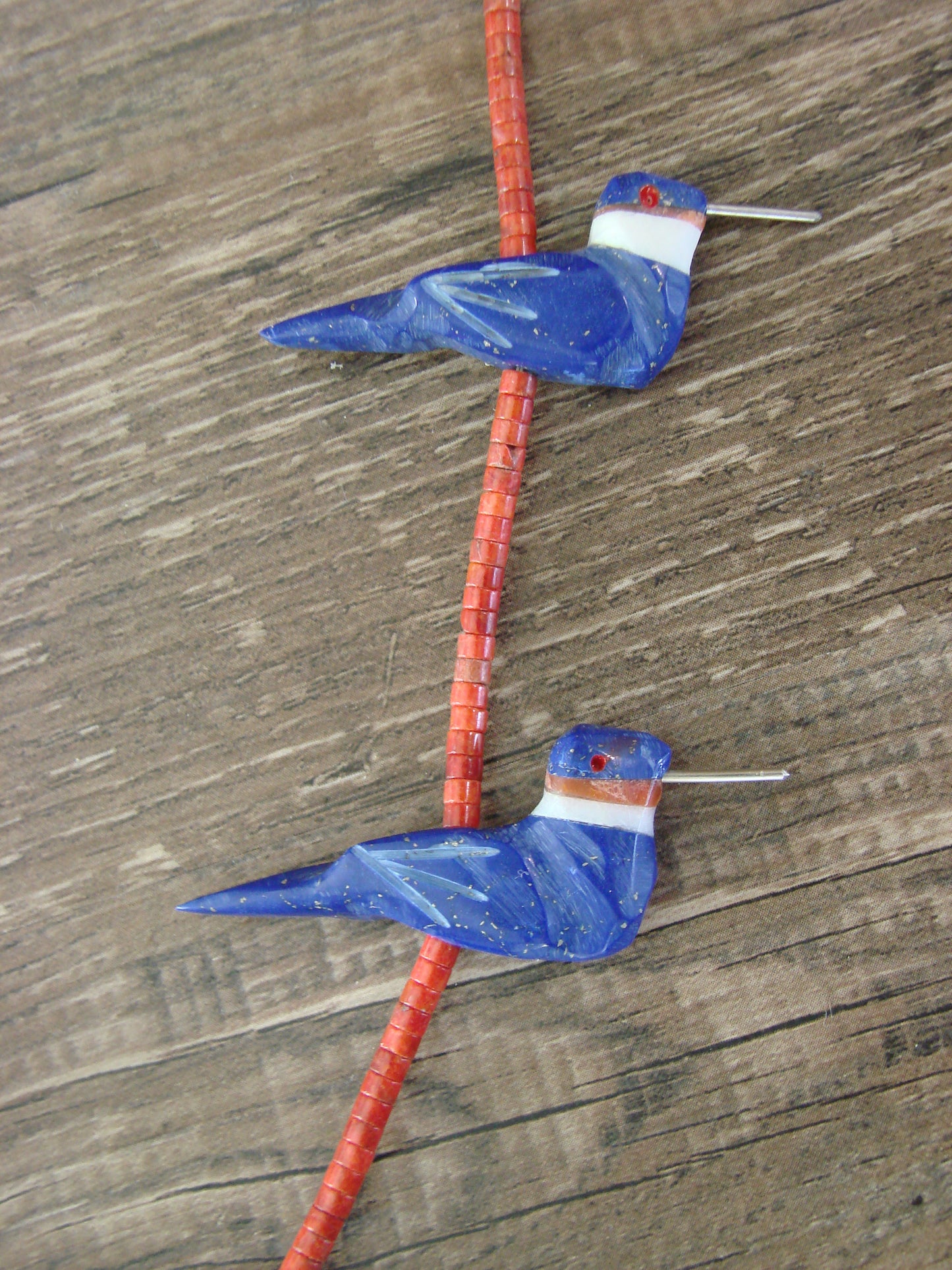 Hand Carved Lapis & Coral Hummingbird Fetish Necklace by Mitchell