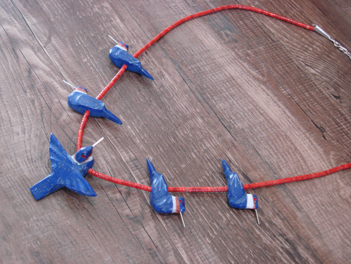 Hand Carved Lapis & Coral Hummingbird Fetish Necklace by Mitchell