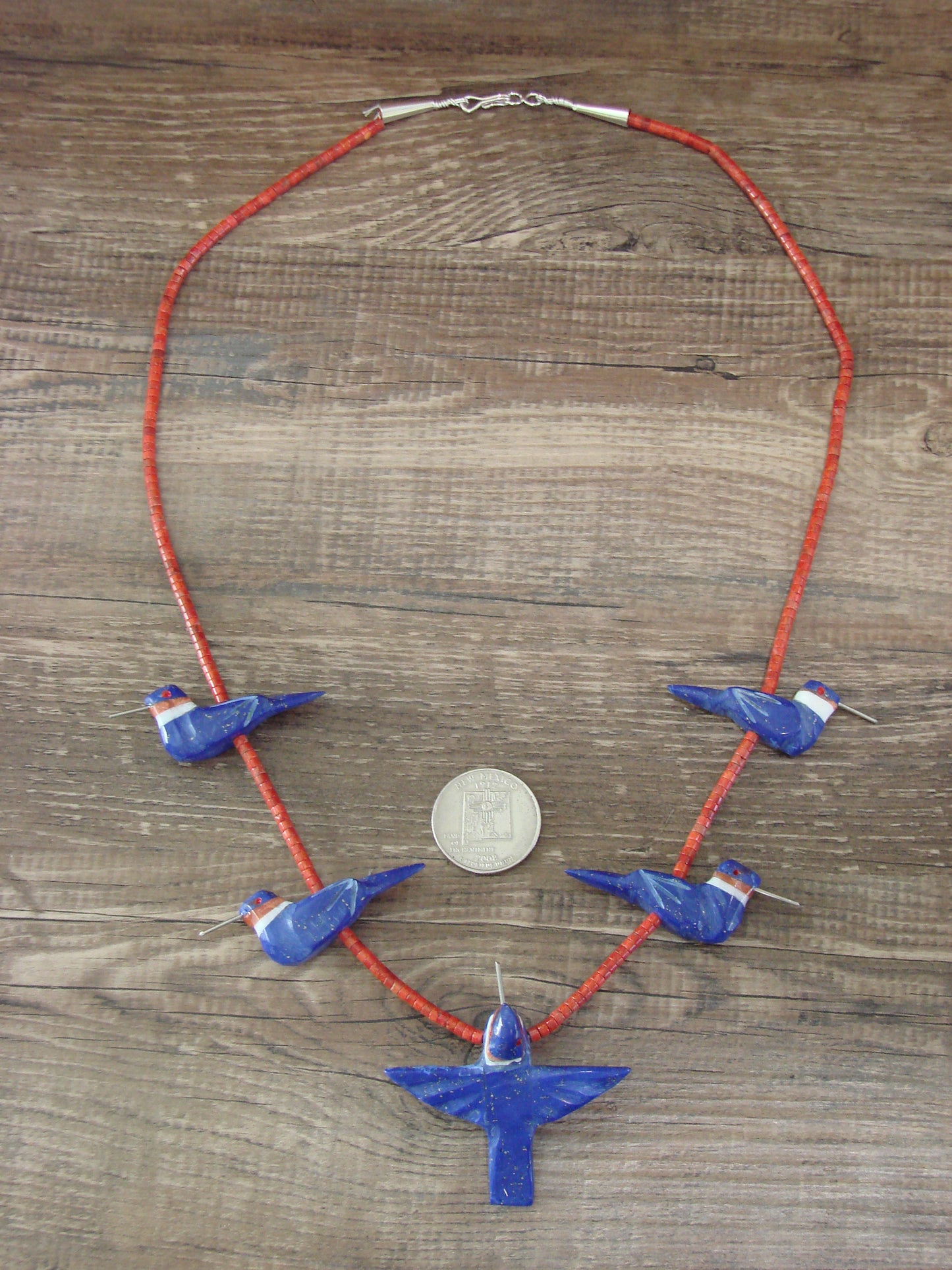 Hand Carved Lapis & Coral Hummingbird Fetish Necklace by Mitchell