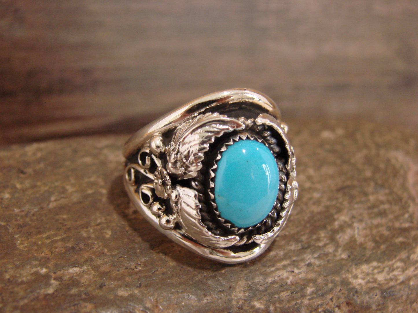 Native American Sterling Silver & Turquoise Feather Ring by Cayaditto- Size 10