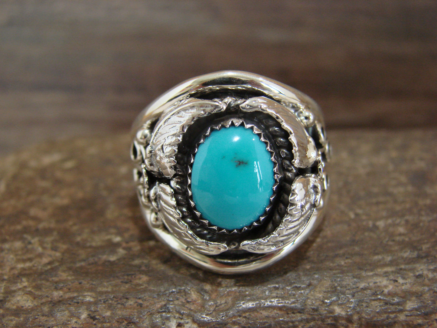 Native American Sterling Silver & Turquoise Feather Ring by Cayaditto- Size 12