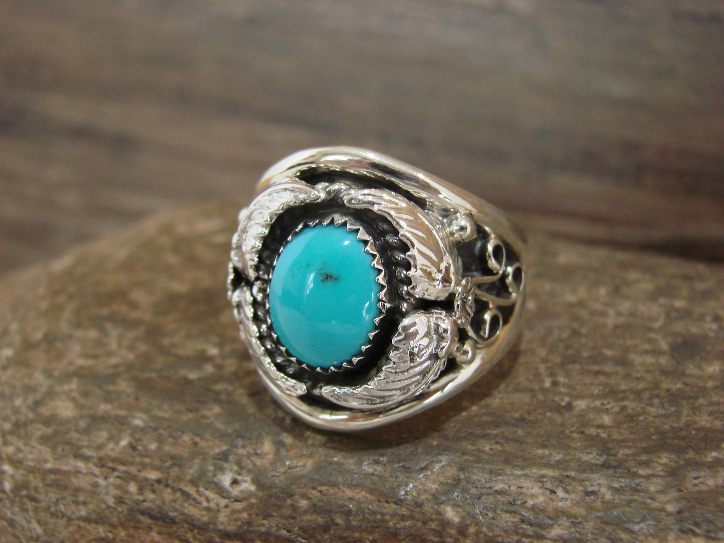 Native American Sterling Silver & Turquoise Feather Ring by Cayaditto- Size 12