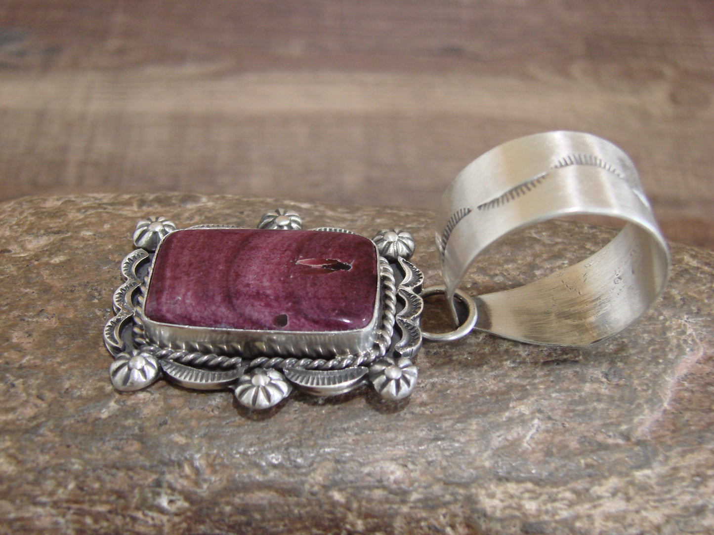Native American Sterling Silver & Purple Spiny Oyster Pendant Signed Dawes
