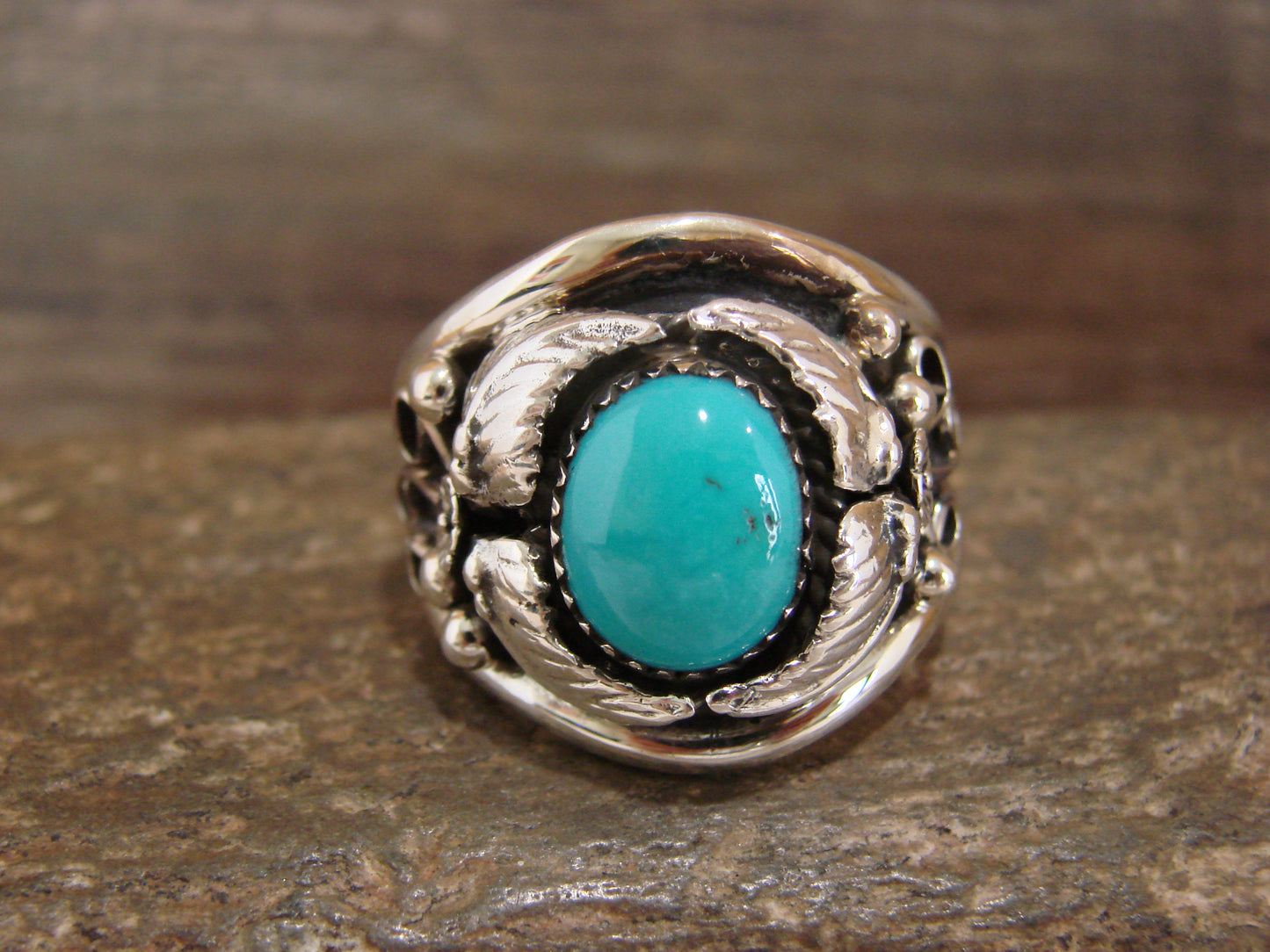 Native American Sterling Silver & Turquoise Feather Ring by Cayaditto- Size 12.5