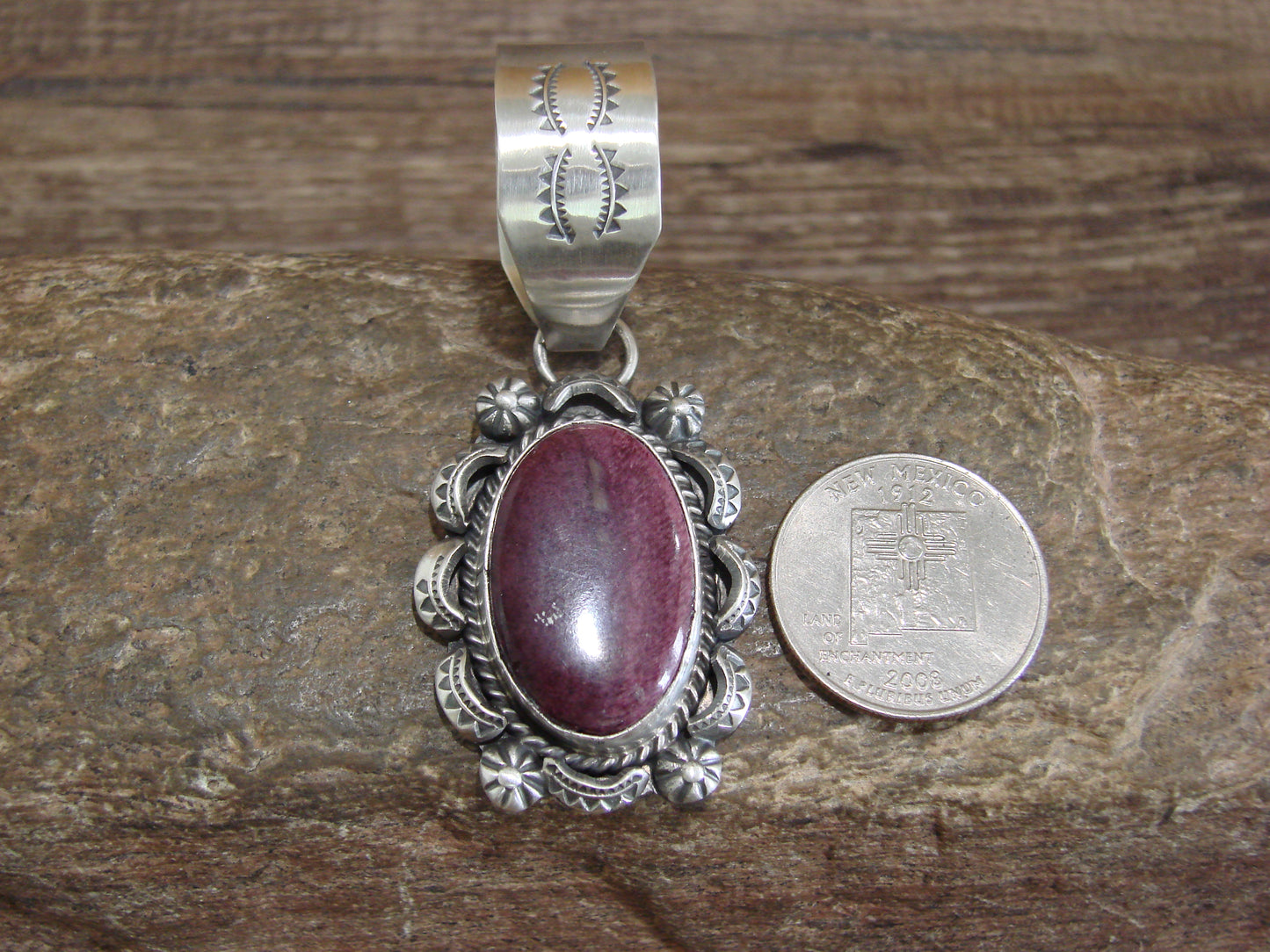 Native American Sterling Silver & Purple Spiny Oyster Pendant Signed Dawes