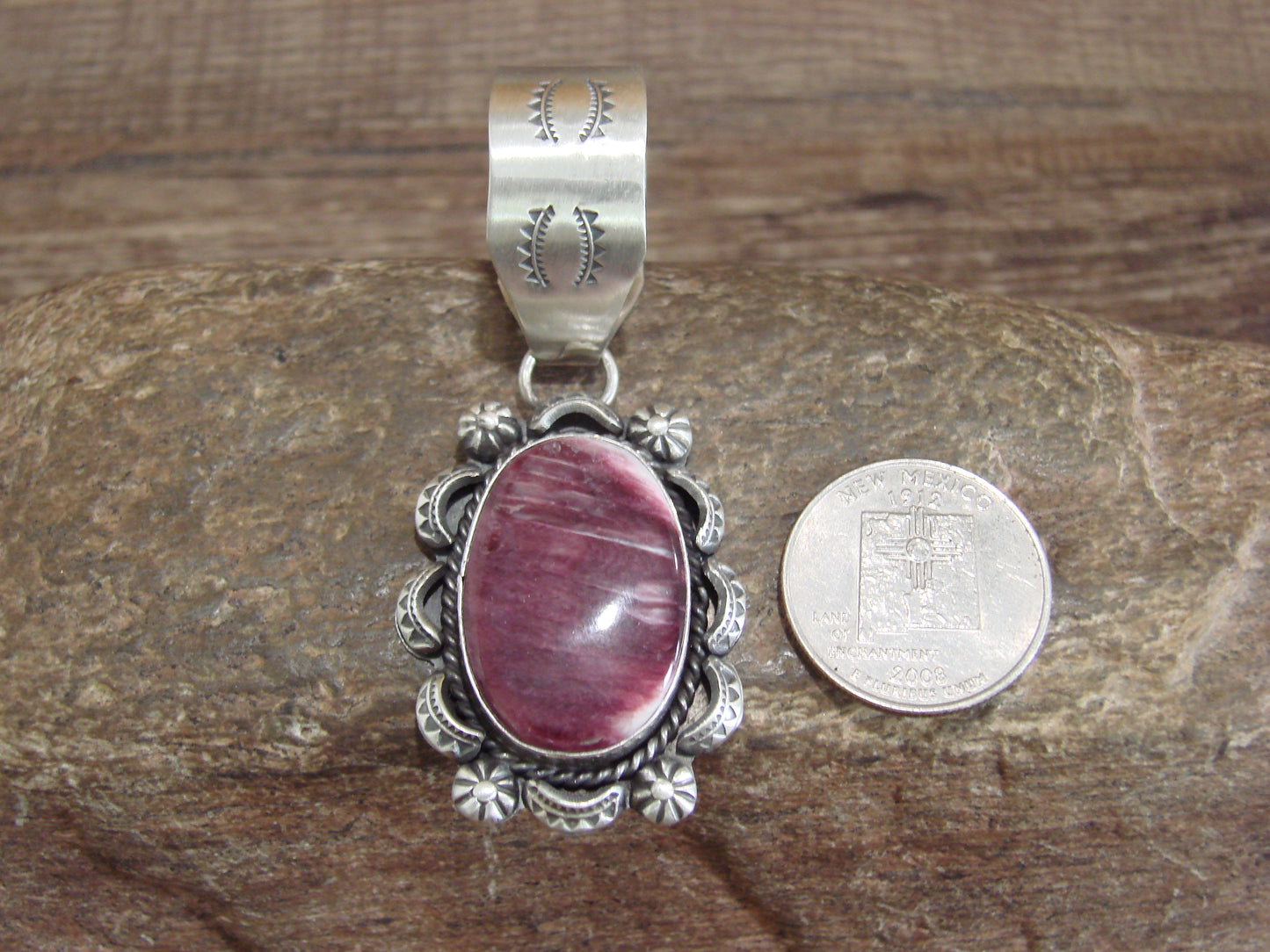 Native American Sterling Silver & Purple Spiny Oyster Pendant Signed Dawes